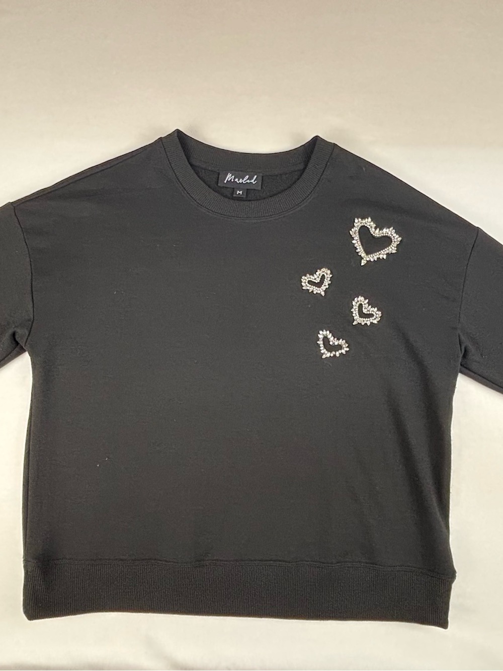 Marled Black Crewneck Sweatshirt with Rhinestone Heart Clusters